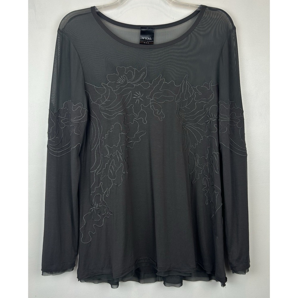 Be Vocal Top Women XL Gray Shirt Embroidered Floral Sheer Shoulders USA Minimal